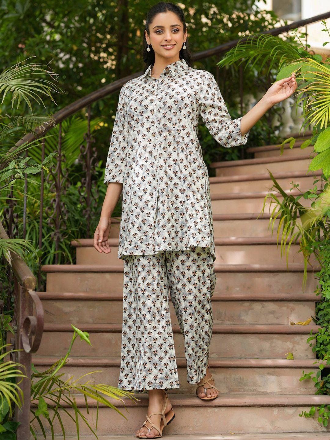 sanskrutihomes grey & black ethnic motifs printed pure cotton night suit