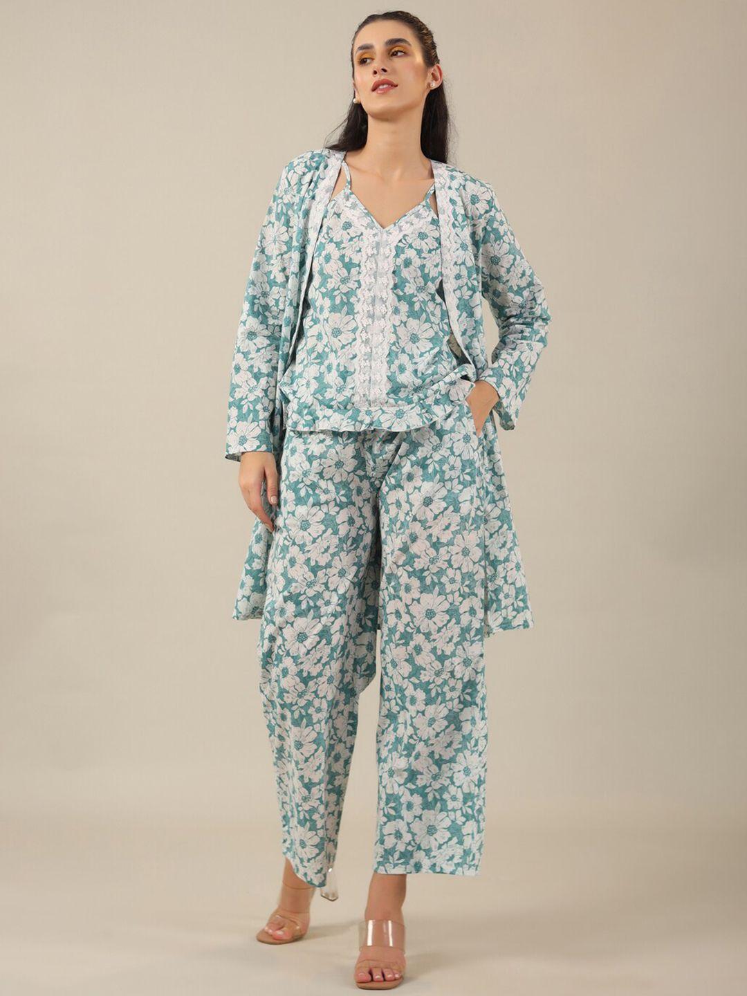 sanskrutihomes turquoise 3-pieces floral printed pure cotton nightsuit