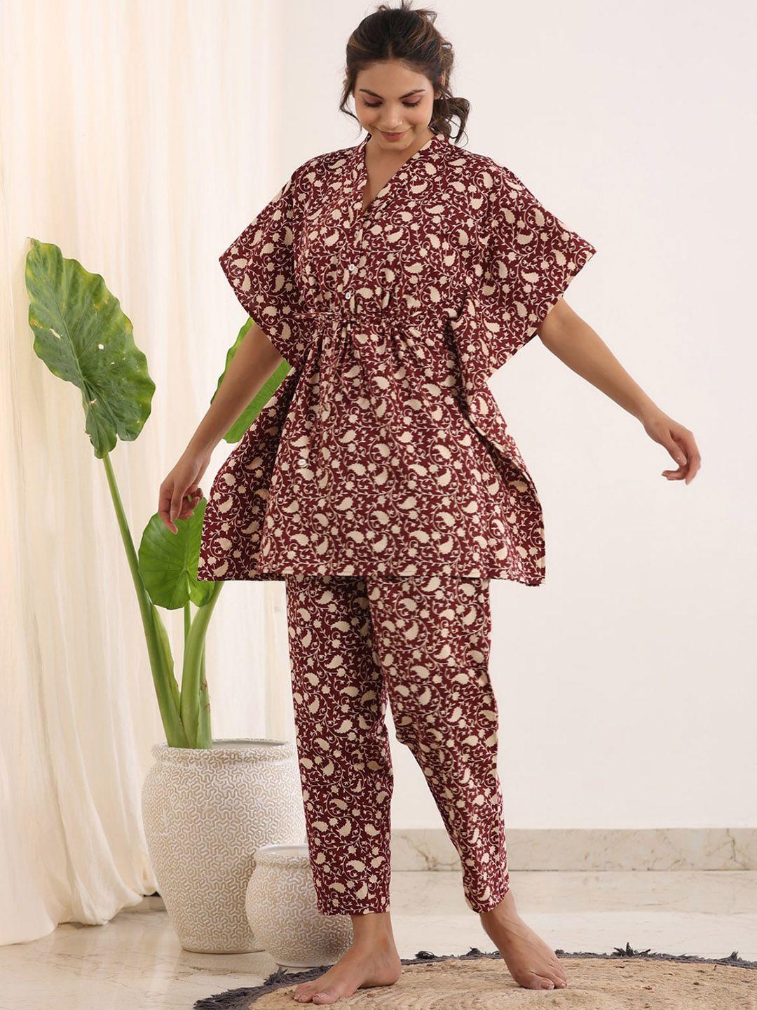 sanskrutihomes v-neck floral printed pure cotton night kaftan top and trousers