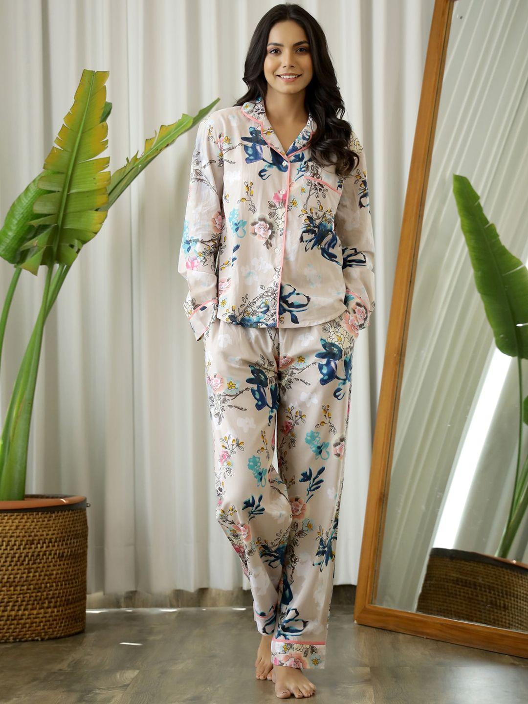 sanskrutihomes women beige & blue printed pure cotton night suit