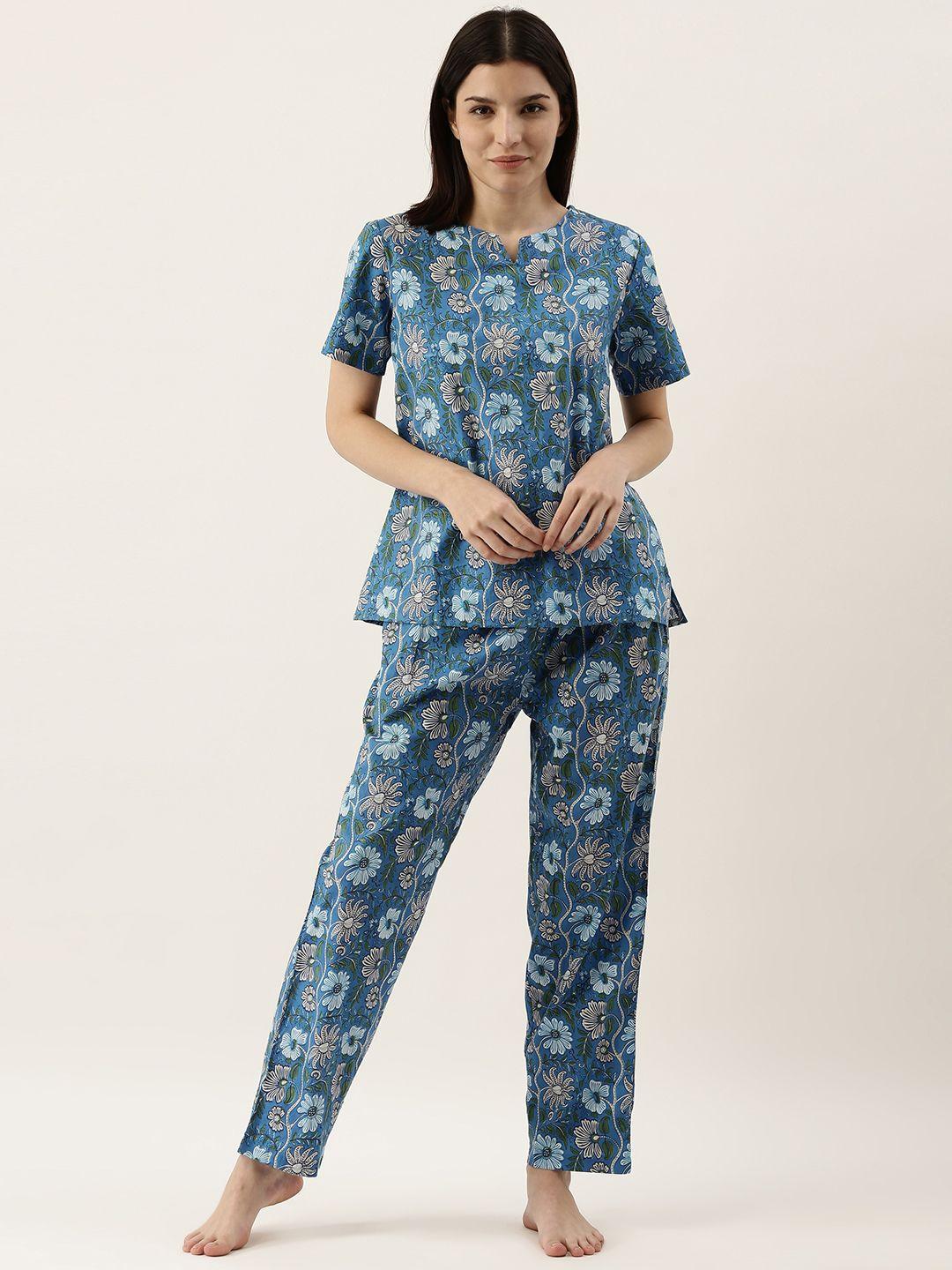 sanskrutihomes women blue & green pure cotton ethnic motifs printed pyjama set