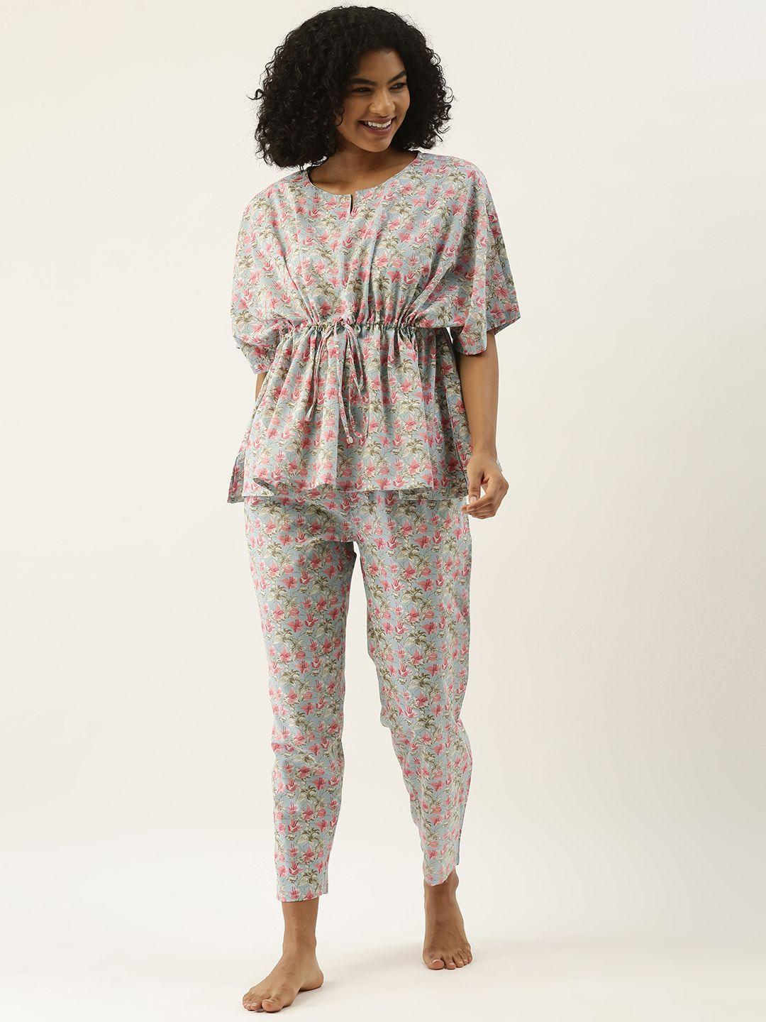 sanskrutihomes women blue & pink printed cotton pyjama set