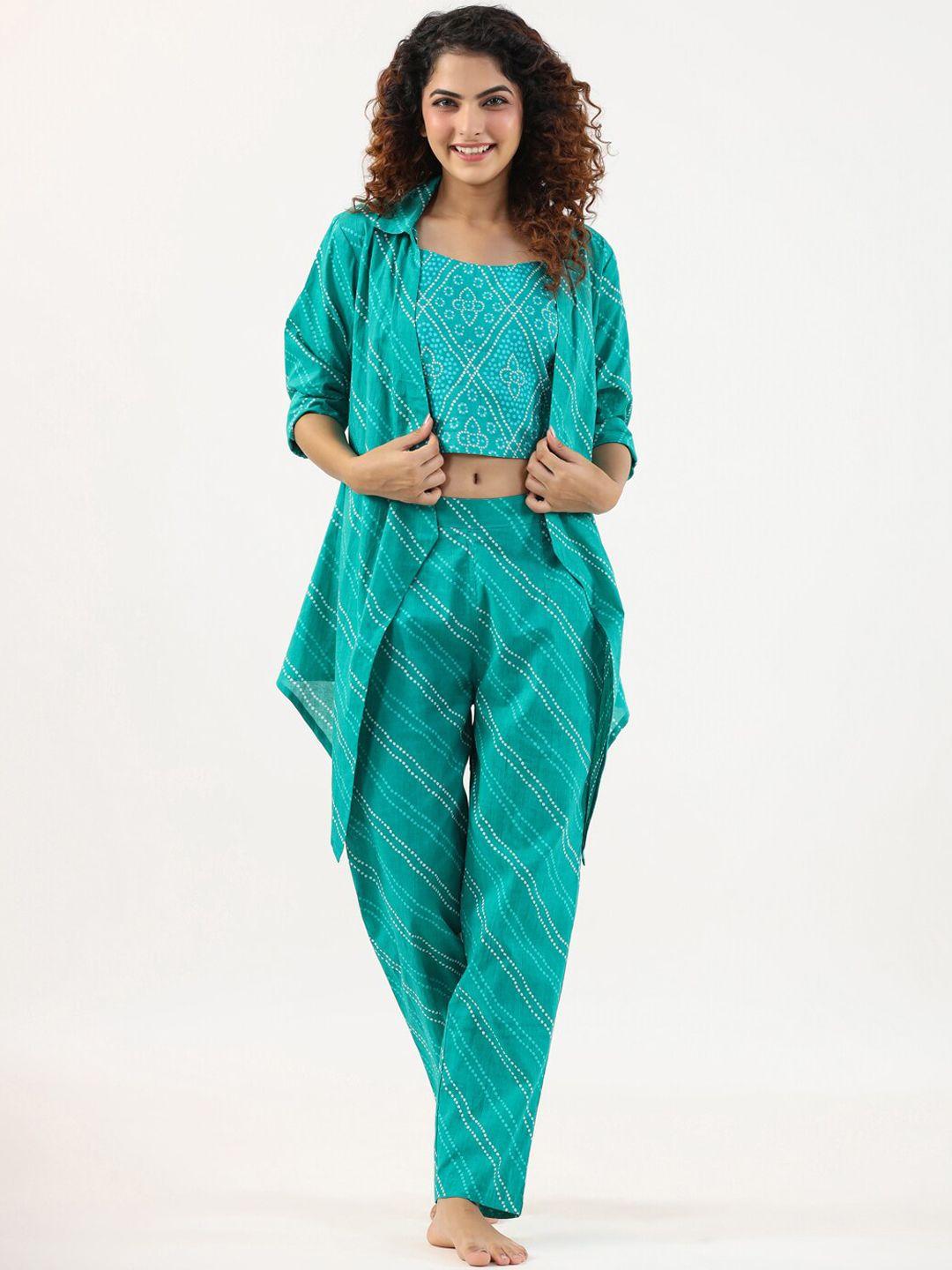 sanskrutihomes women green & white printed night suit