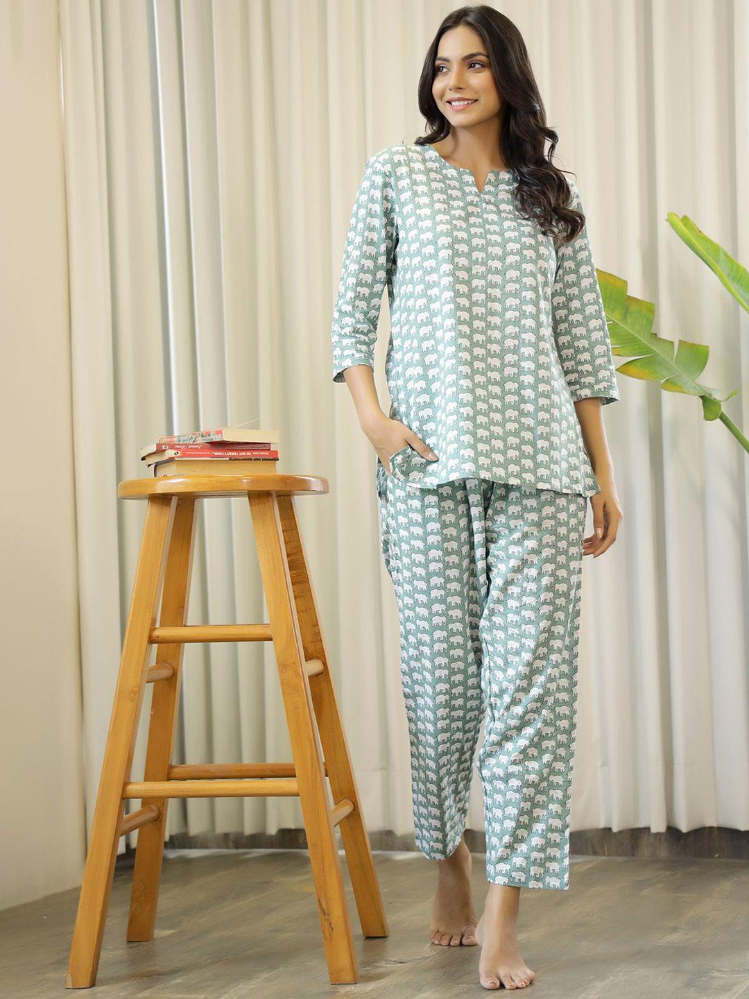 sanskrutihomes women green & white printed pure cotton night suit