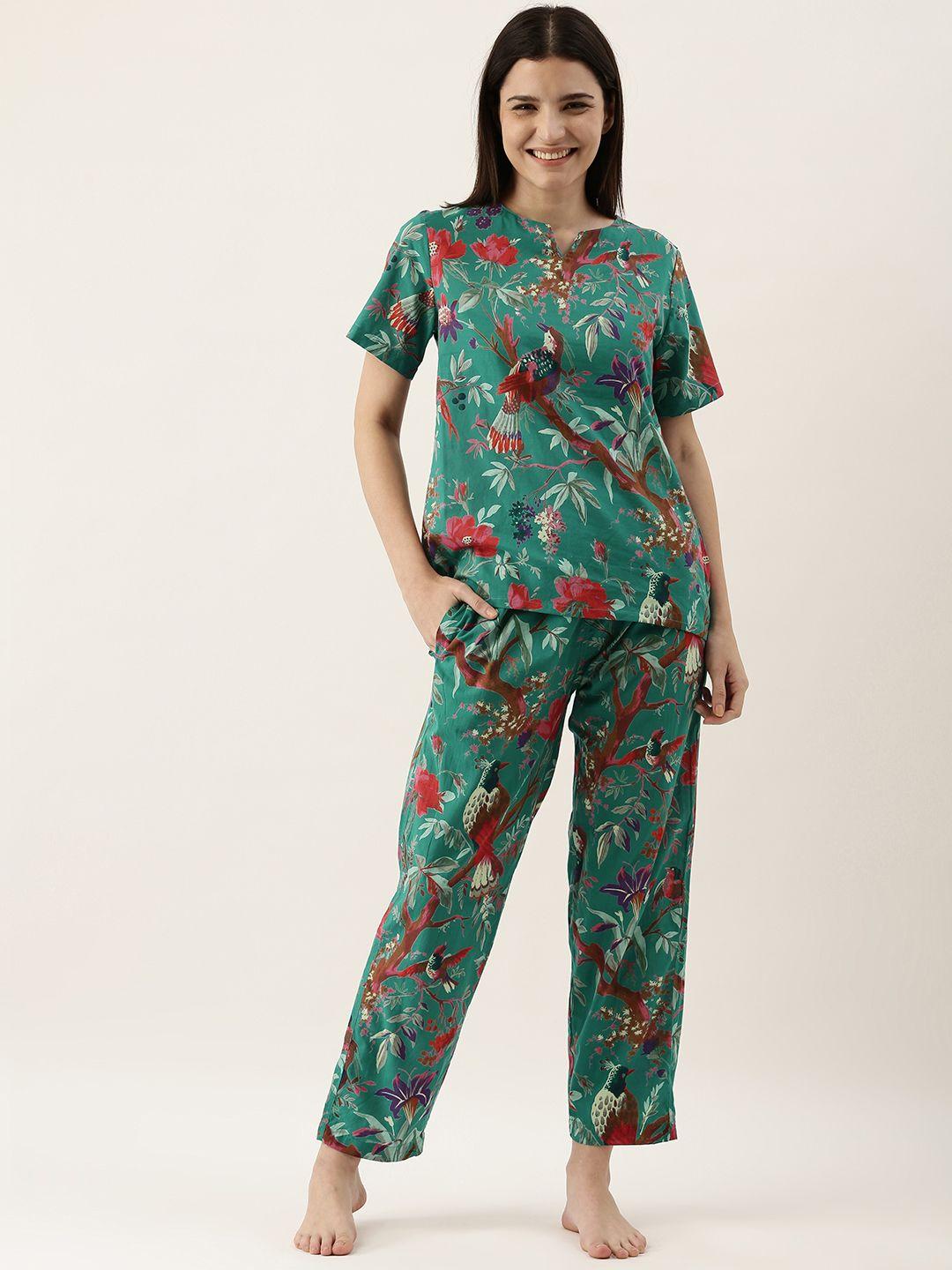sanskrutihomes women green pure cotton floral print pyjama set