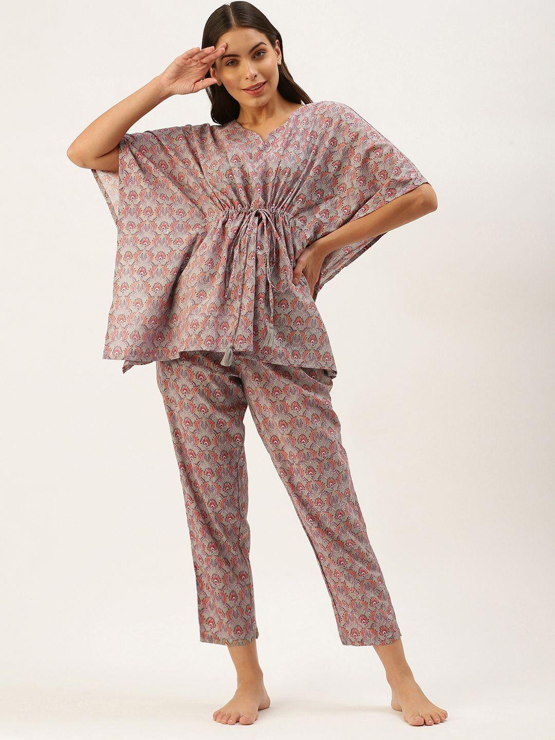 sanskrutihomes women grey & rust orange pure cotton printed pyjama set