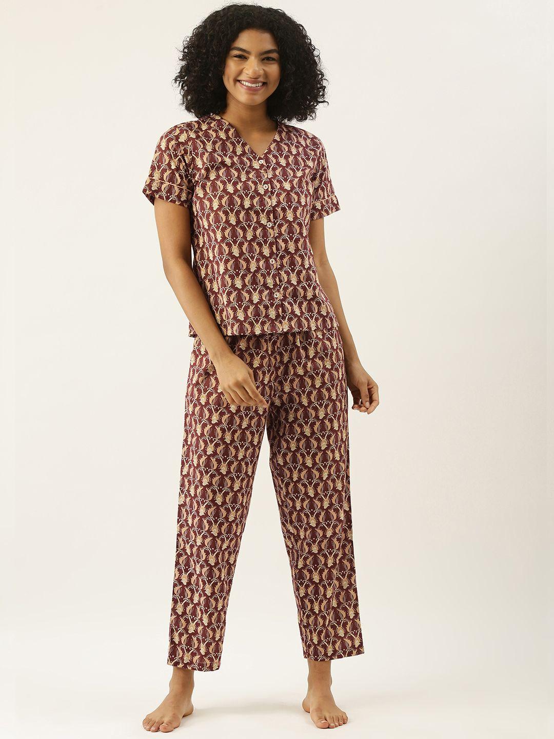 sanskrutihomes women maroon & beige printed cotton pyjama set