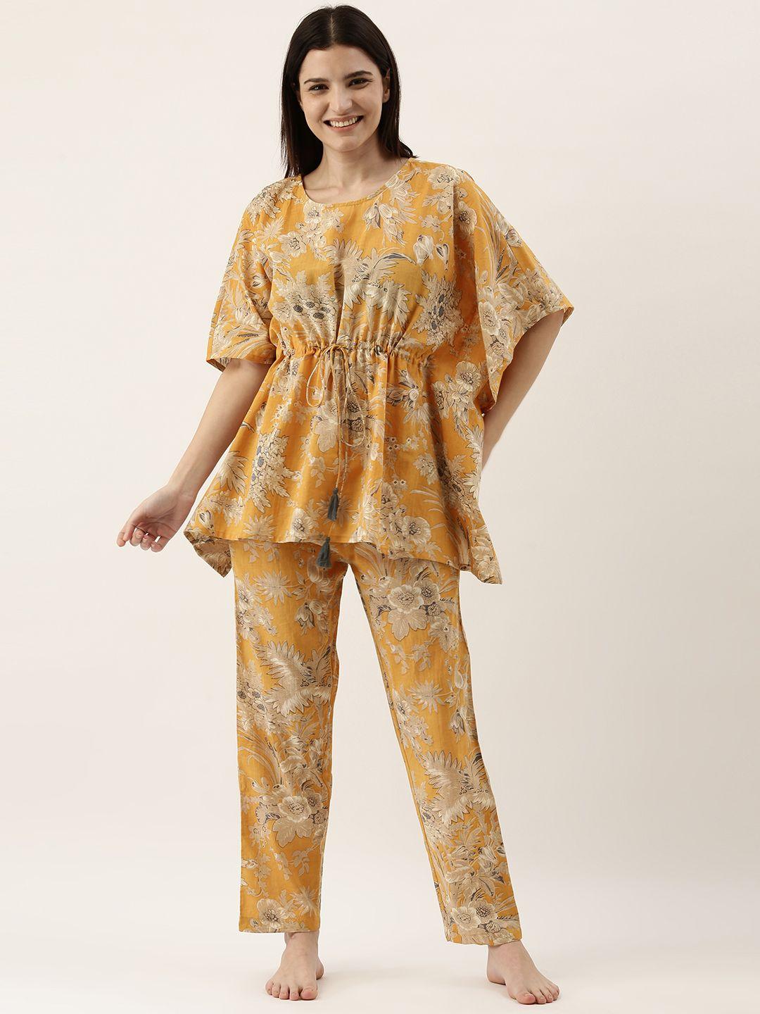 sanskrutihomes women mustard yellow & beige printed night suit