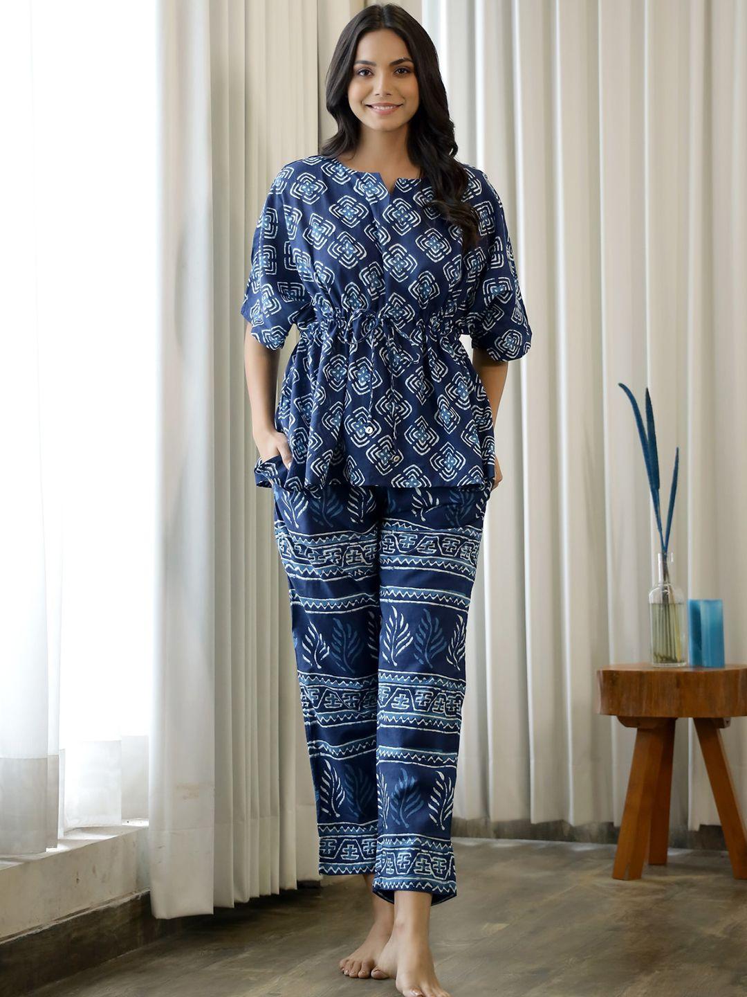 sanskrutihomes women navy blue & white printed pure cotton night suit