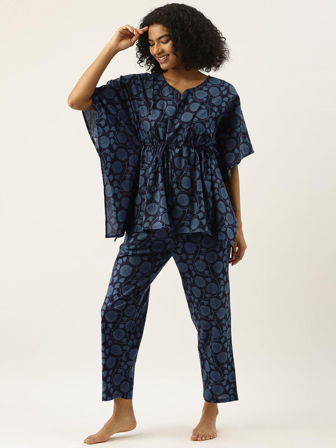 sanskrutihomes women navy blue printed cotton pyjama set