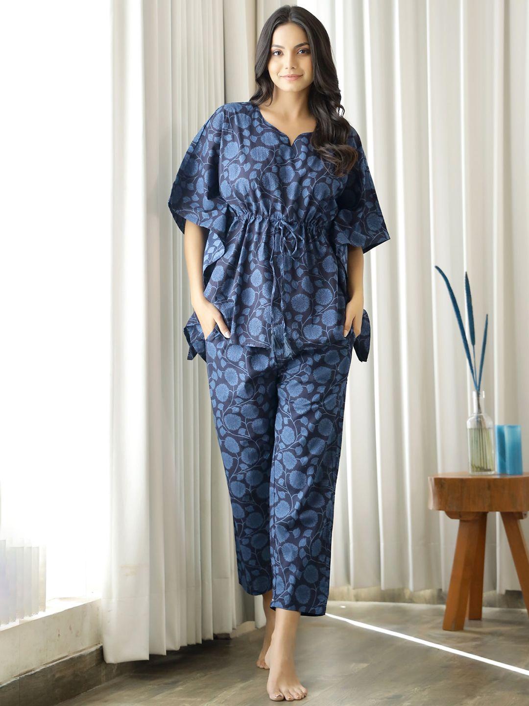 sanskrutihomes women navy blue printed night suit