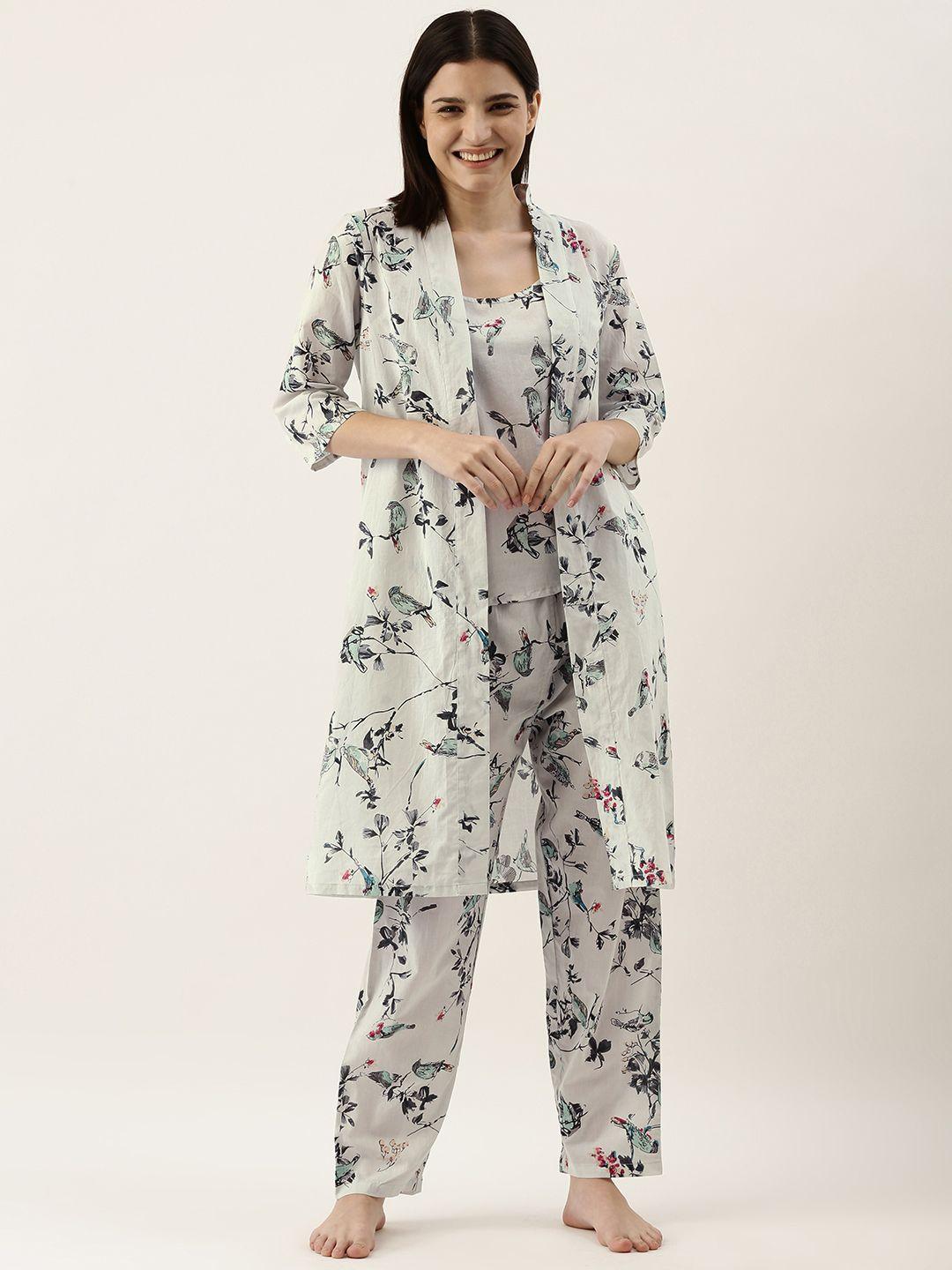 sanskrutihomes women off white pure cotton printed 3-piece nightsuit