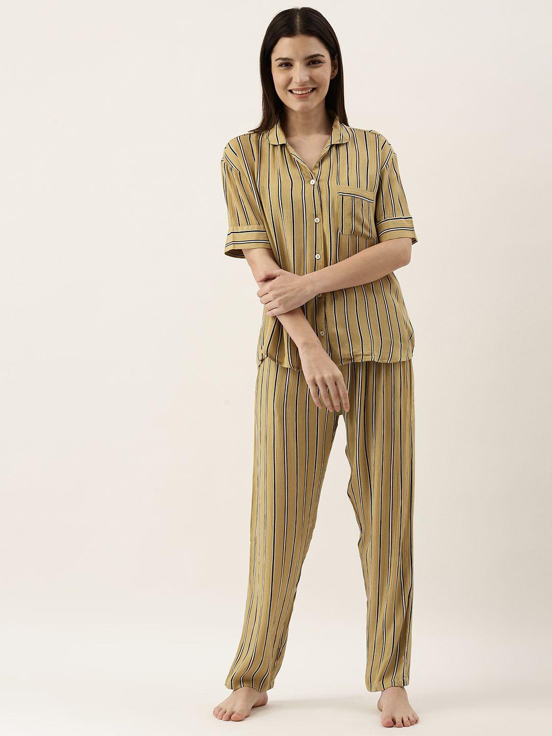 sanskrutihomes women olive green striped pyjama set