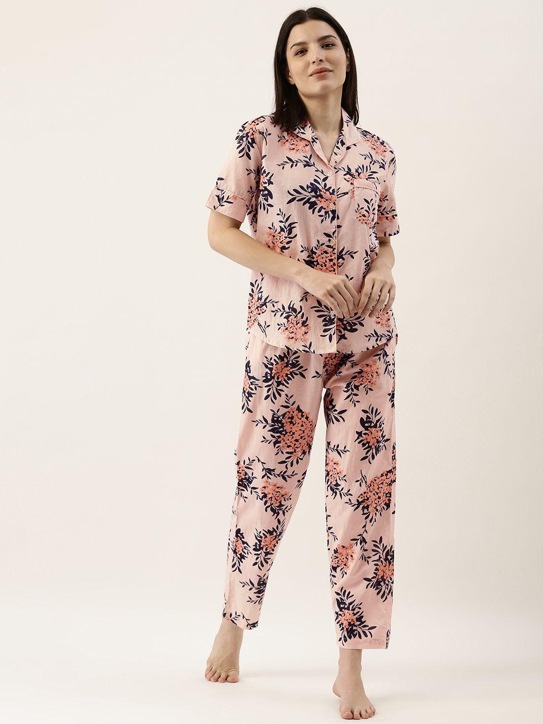 sanskrutihomes women peach-coloured & navy blue pure cotton floral printed pyjama set