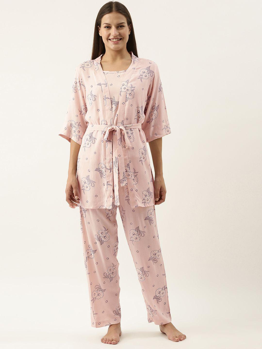 sanskrutihomes women pink printed cotton night suit with robe