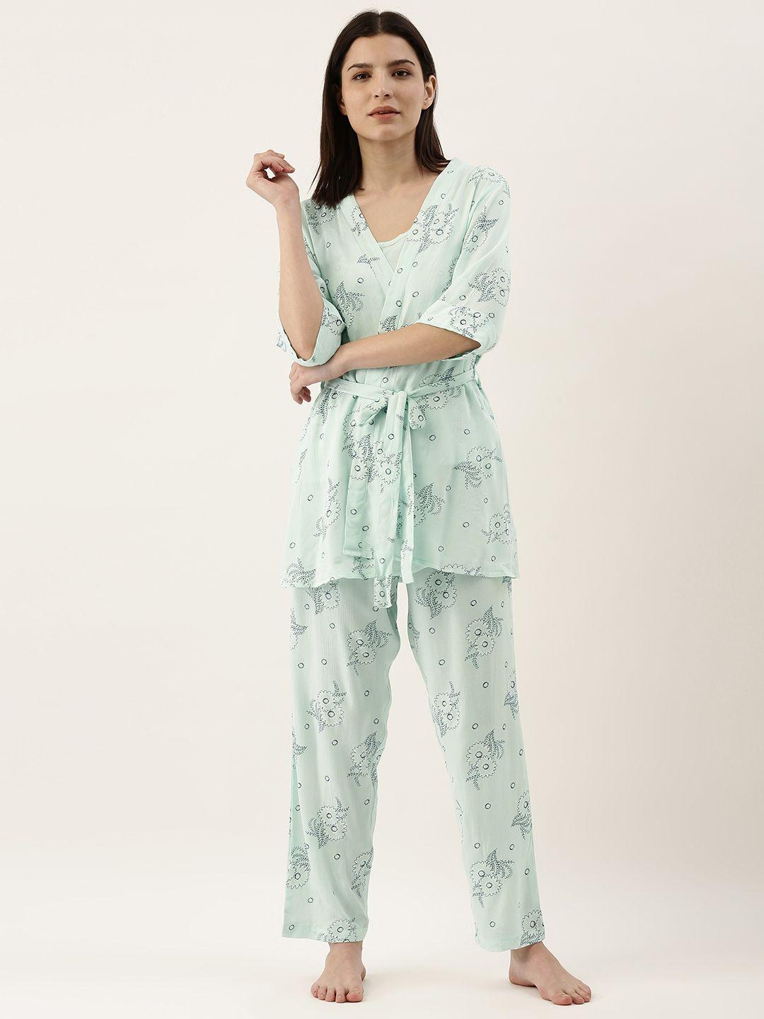 sanskrutihomes women sea green & blue floral printed pyjama set