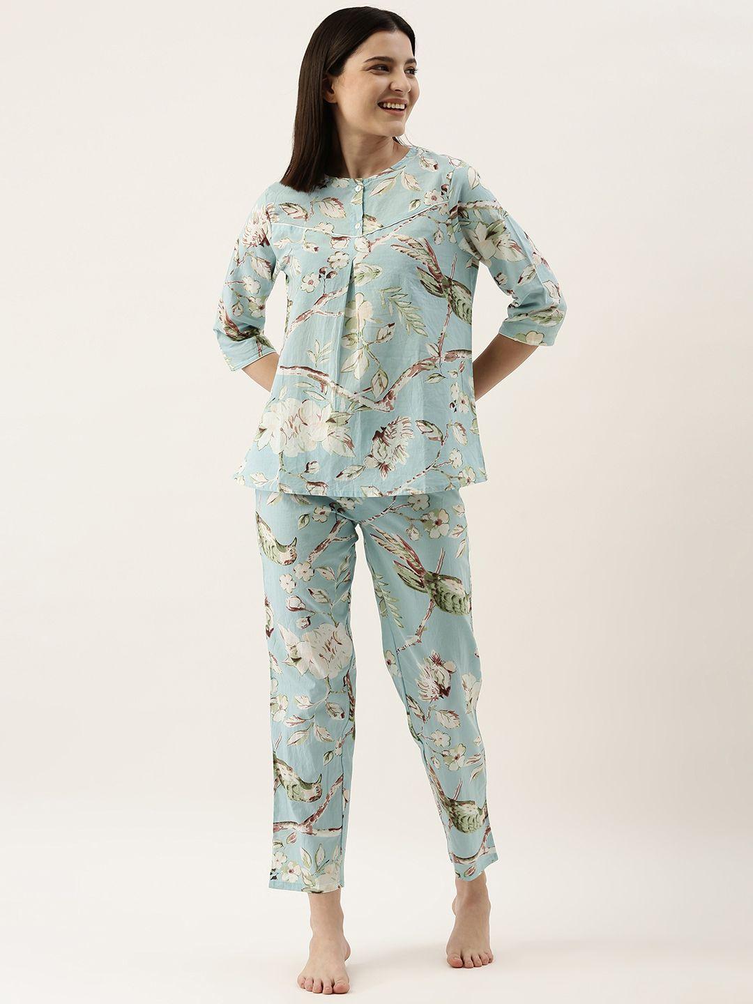 sanskrutihomes women sea green pure cotton floral print pyjama set