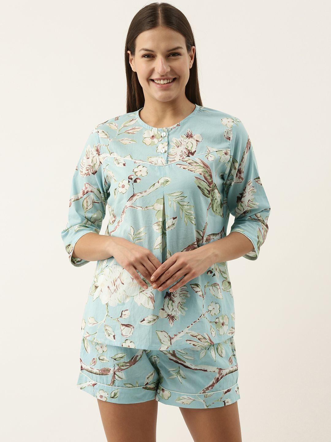 sanskrutihomes women turquoise blue & white printed cotton night suit