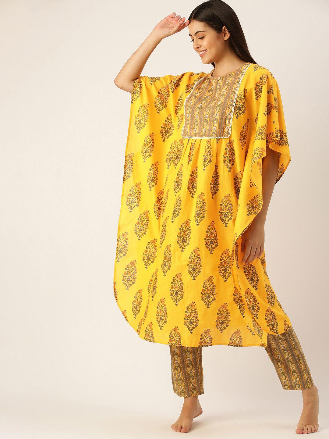 sanskrutihomes women yellow & brown pure cotton printed pyjama set