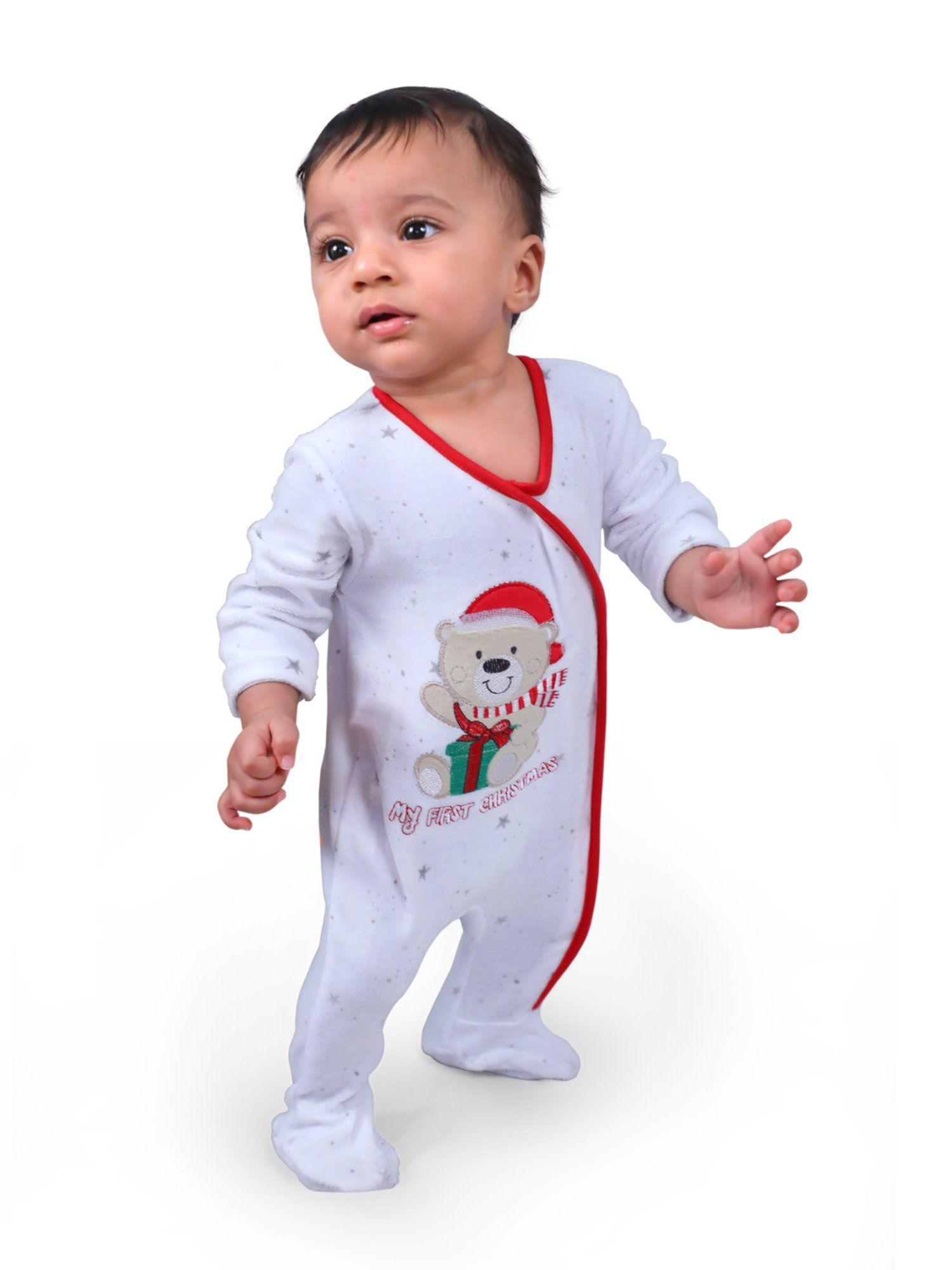 santa favourite infant full sleeves snap button bodysuit romper white