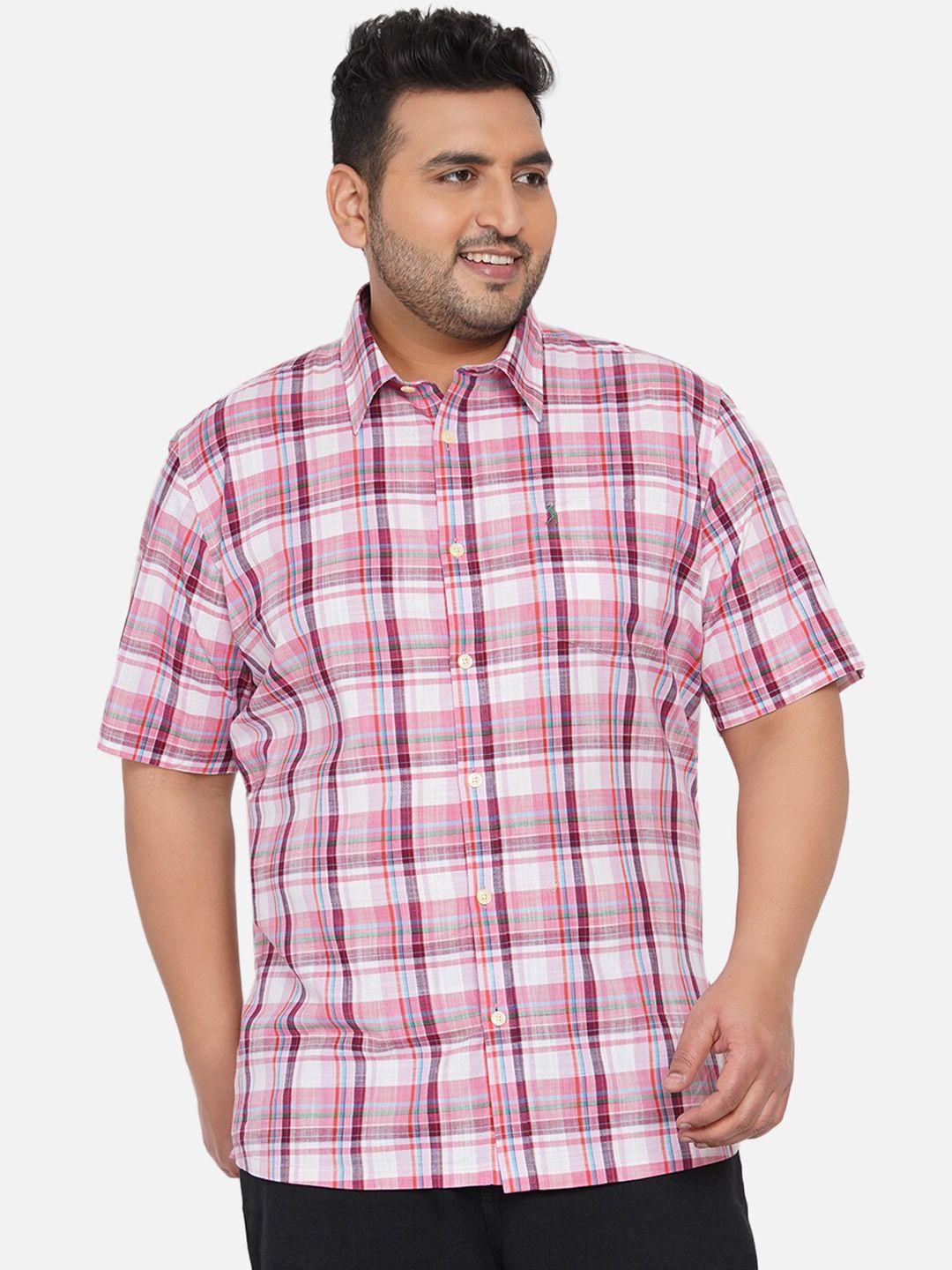 santonio men plus size pink & white comfort checked pure cotton casual shirt