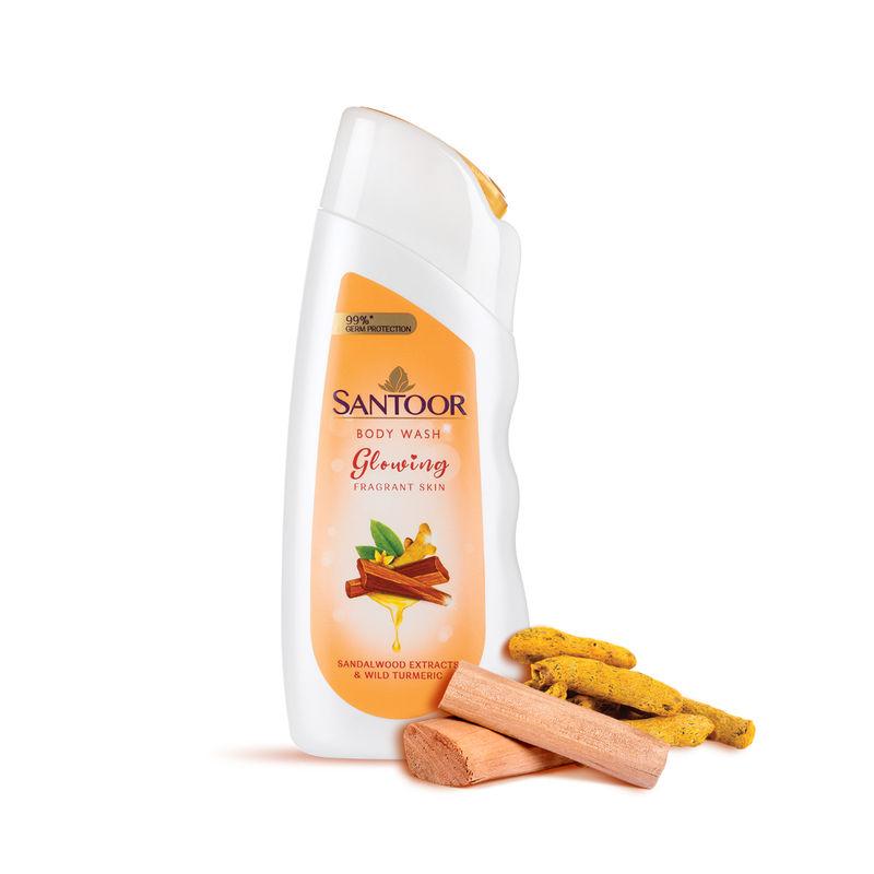 santoor glowing skin body wash, with sandalwood extracts & wild turmeric, ph balanced shower gel