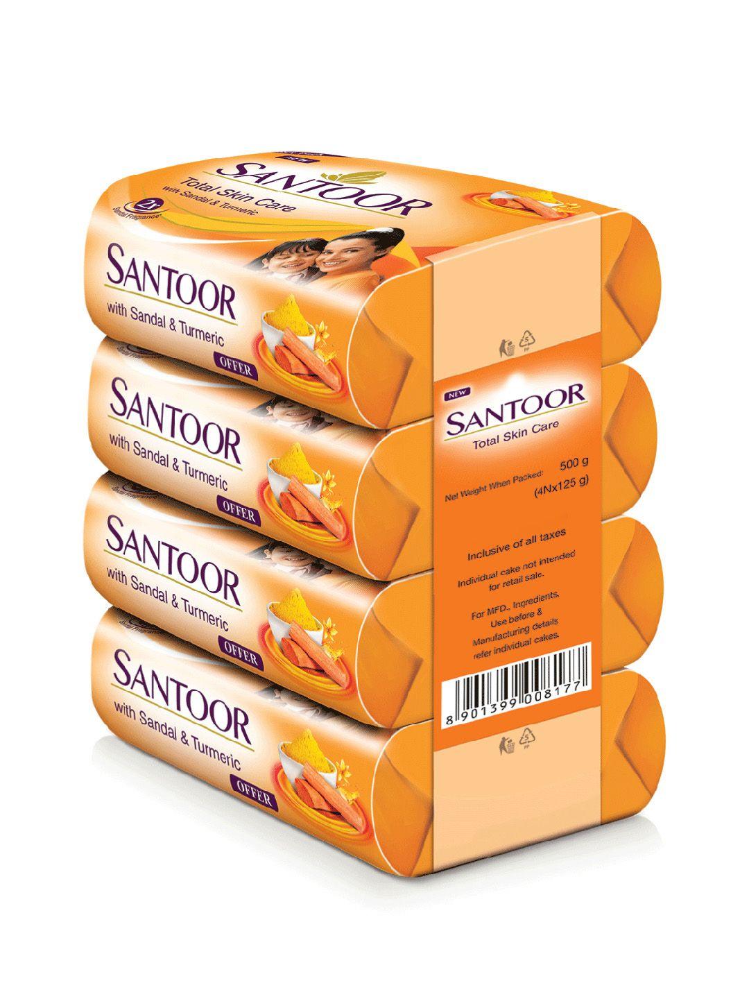 santoor set of 4 total skin care sandal & turmeric soaps - 125g each