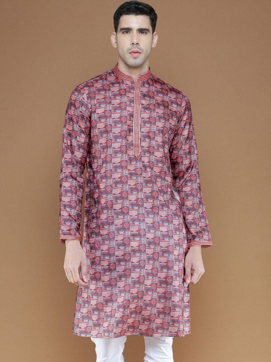 sanwara abstract printed mandarin collar thread work silk straight kurta