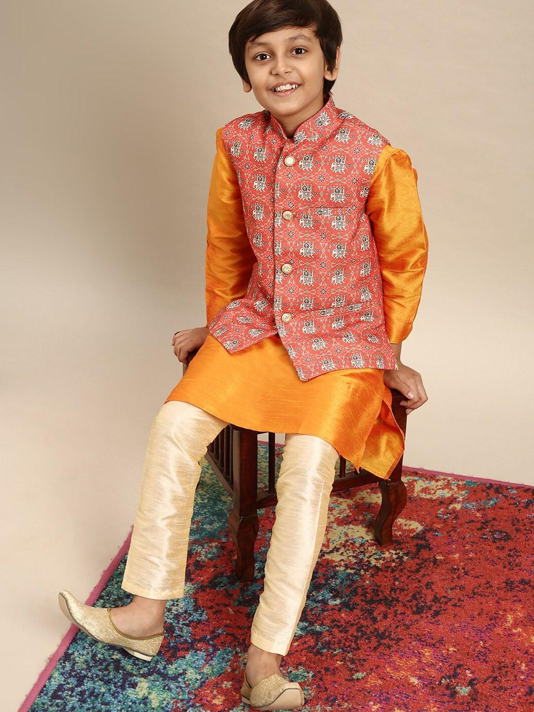 sanwara boys orange ethnic motif printed nehru jackets