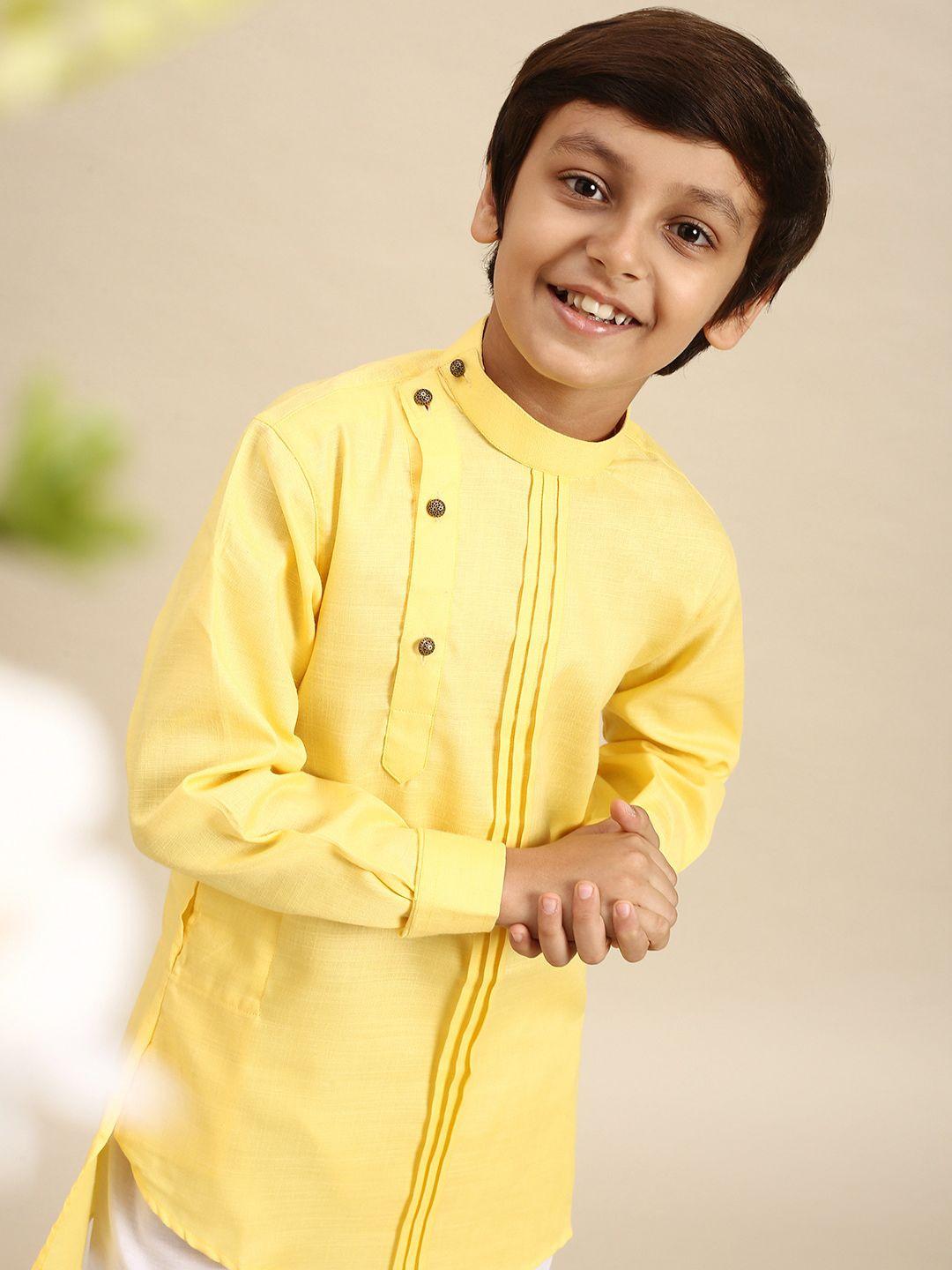 sanwara boys yellow pleated detail mandarin collar long sleeves cotton angrakha kurta
