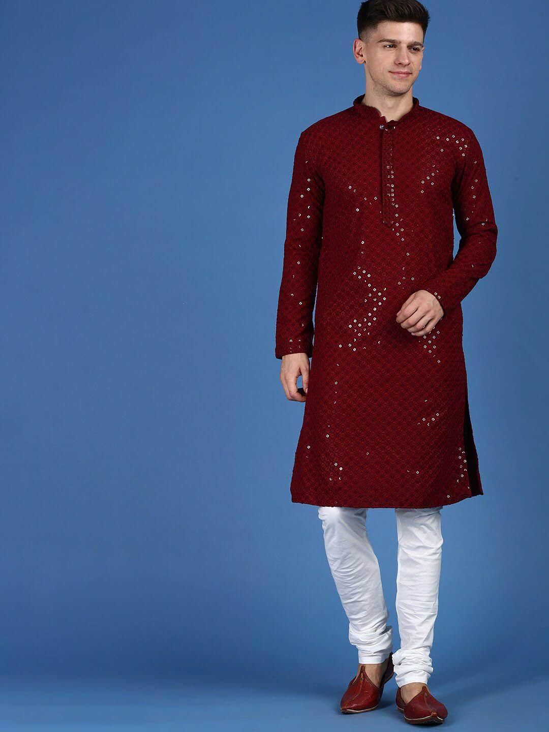 sanwara ethnic motifs embroidered sequinned pure cotton kurta with churidar