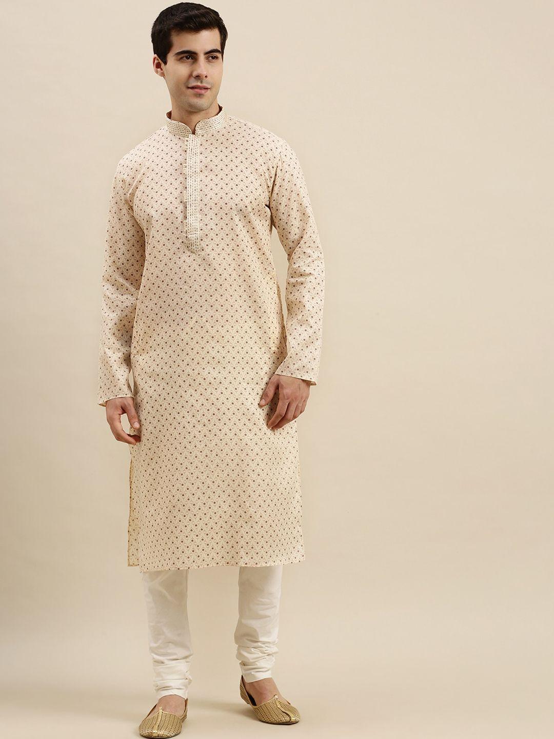 sanwara men beige ethnic motifs printed thread work pure cotton kurta with pyjamas