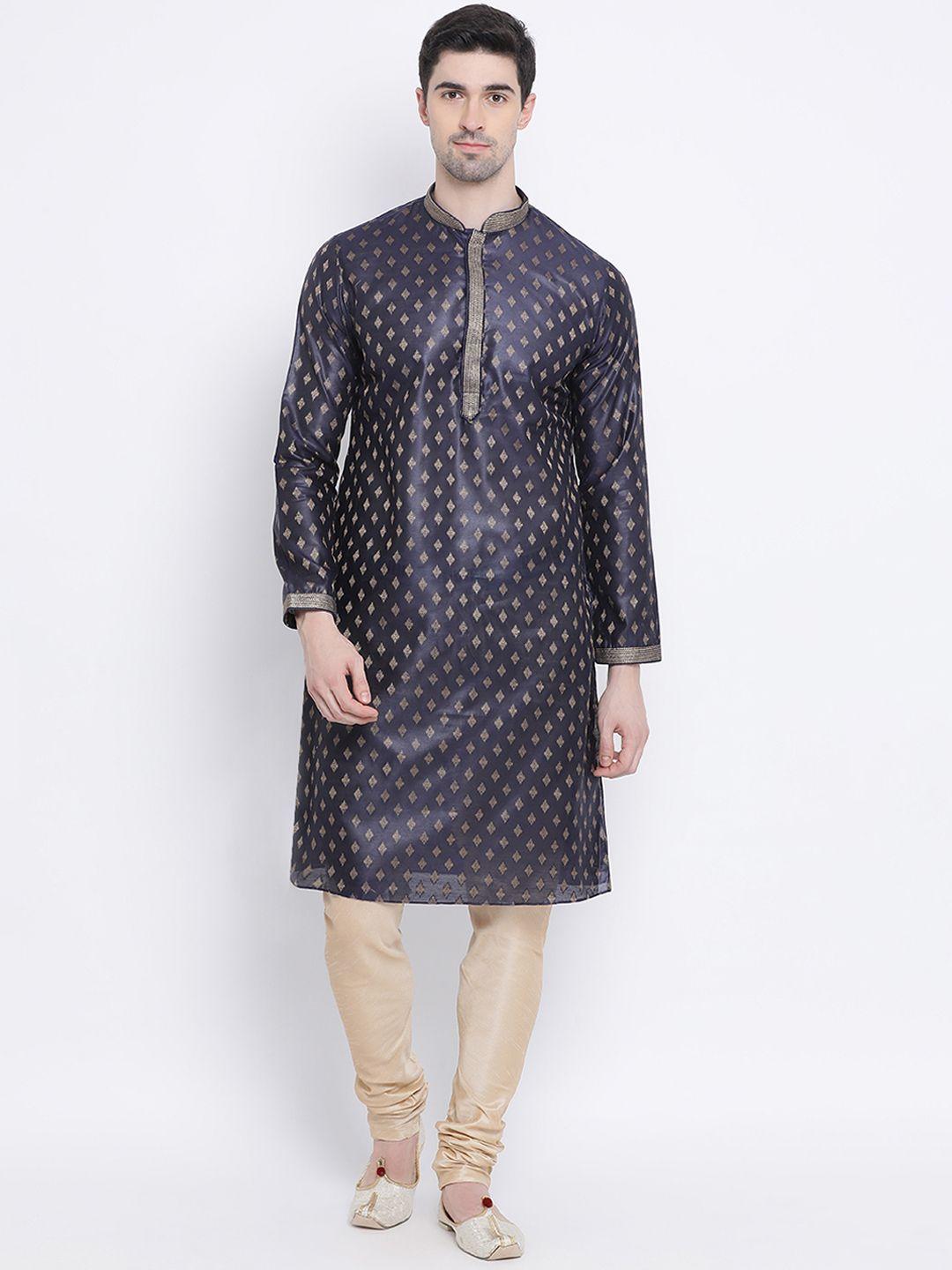 sanwara men blue & gold-toned woven design pure silk kurta with churidar