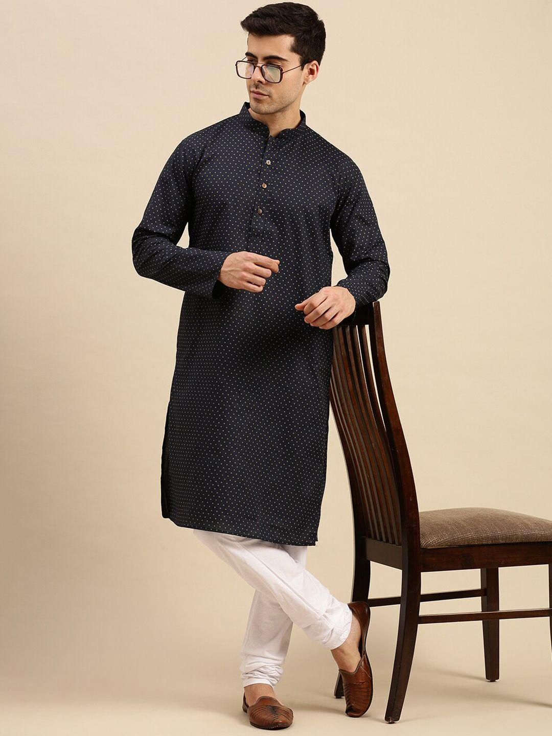 sanwara men blue & white printed pure cotton kurta with pyjamas