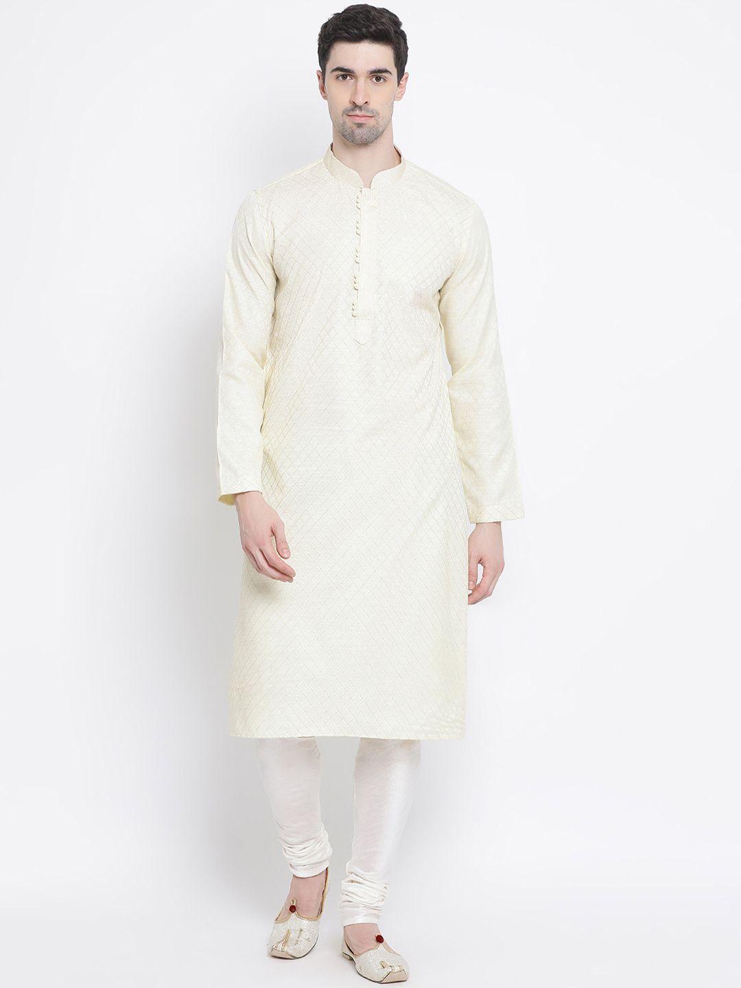 sanwara men cream-coloured & off-white self design kurta with churidar