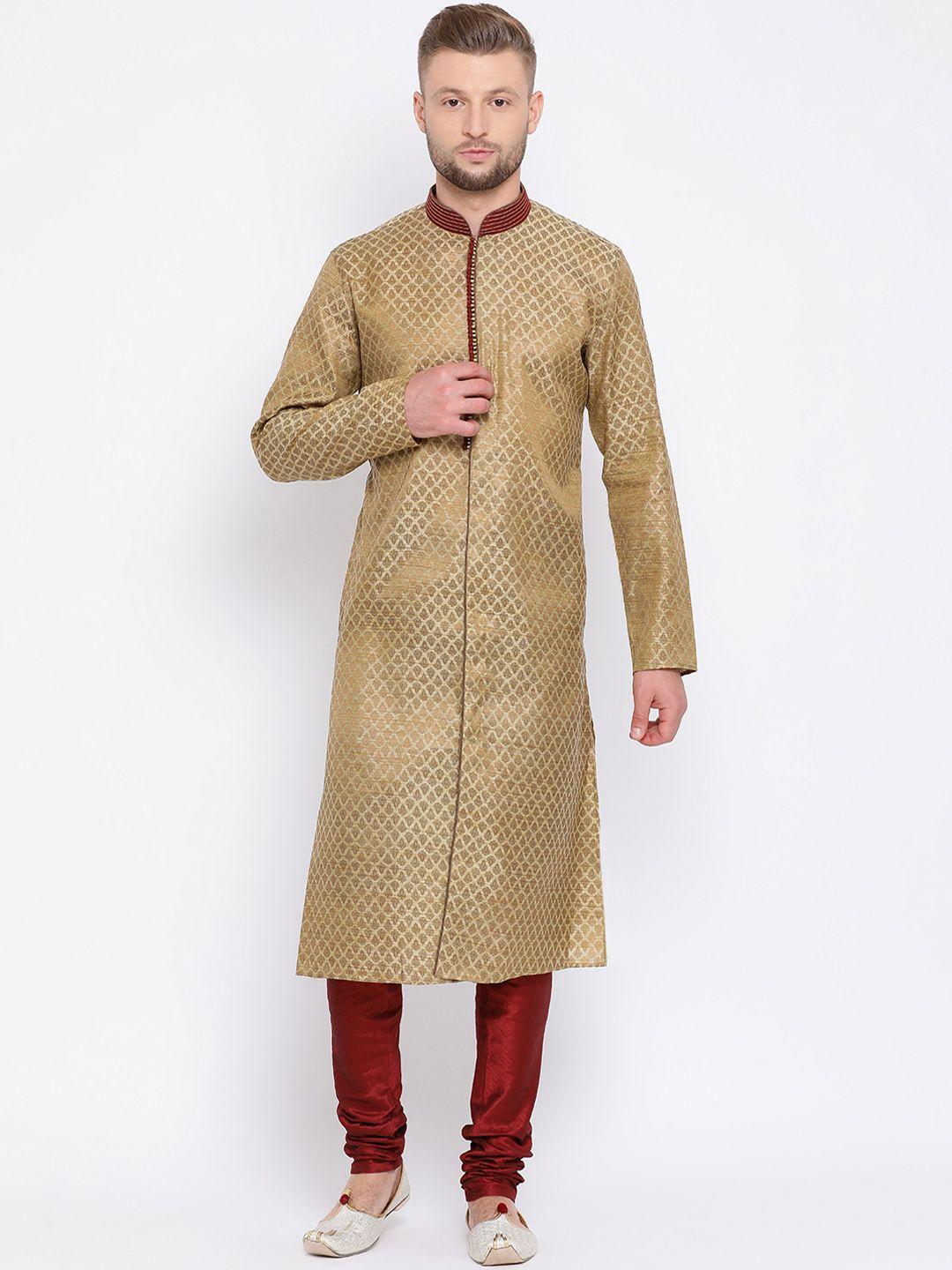 sanwara men gold-coloured & maroon self design kurta with churidar