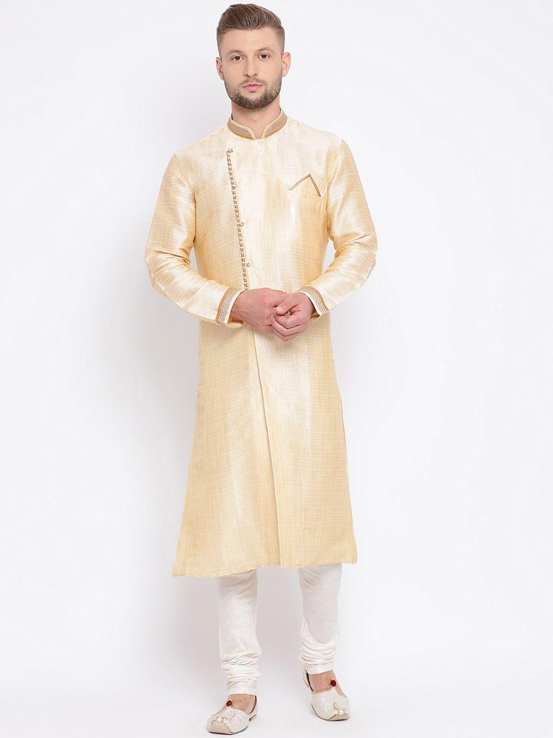 sanwara men gold-toned & white self design kurta with churidar
