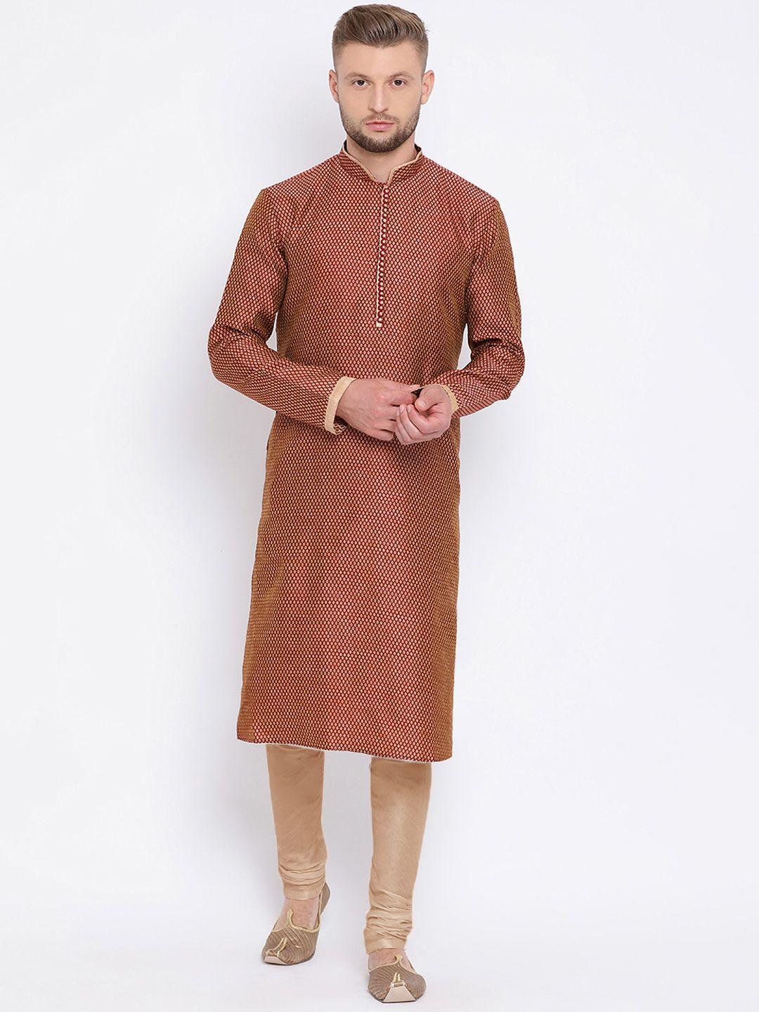 sanwara men maroon & cream-coloured self design kurta with churidar
