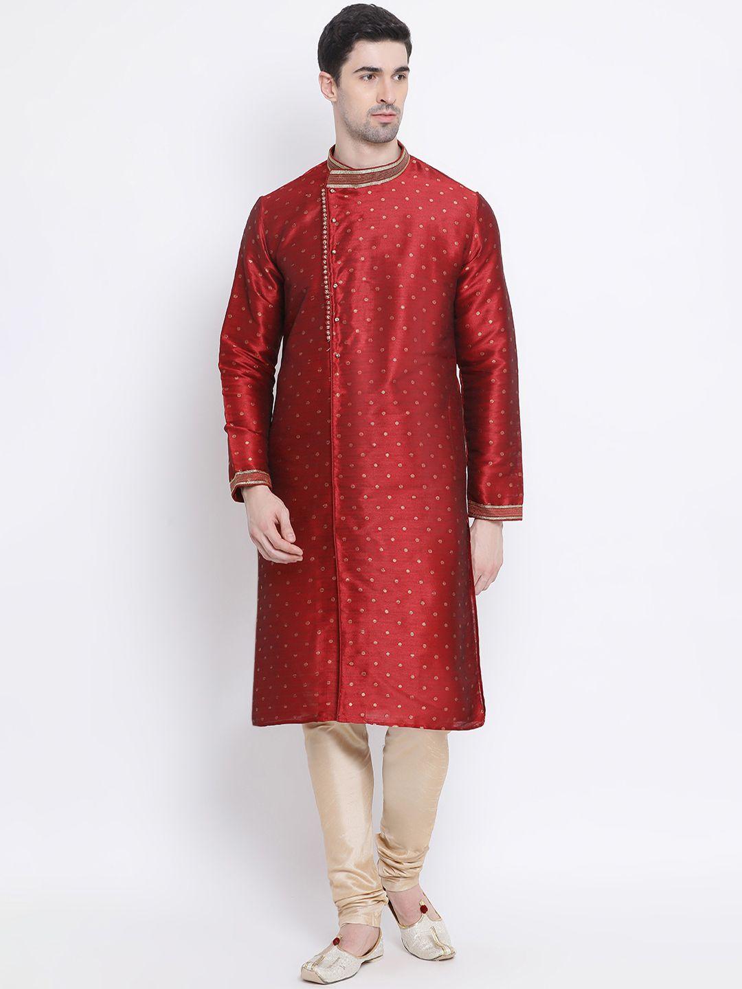 sanwara men maroon & gold-toned woven design pure silk kurta with churidar