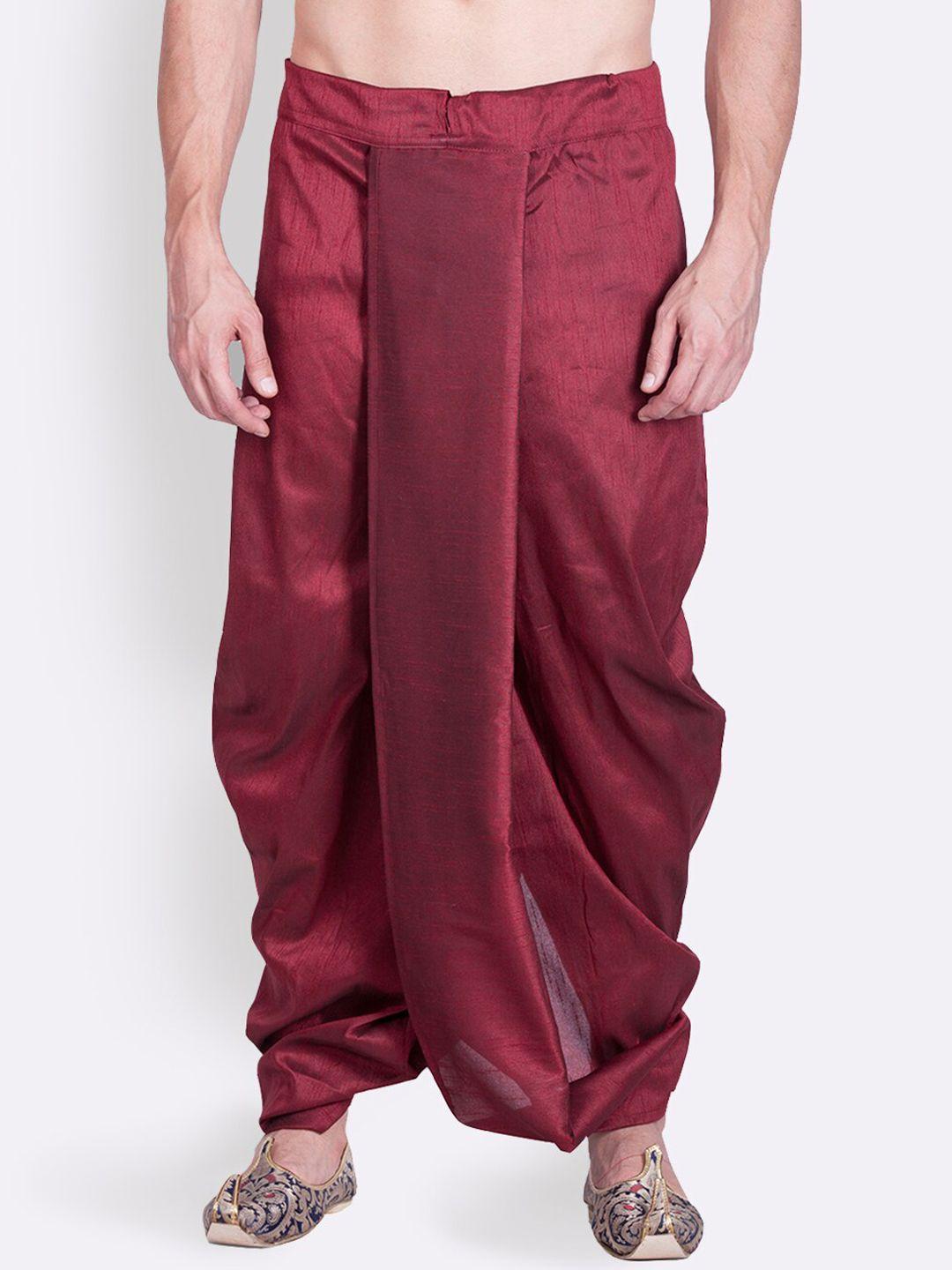 sanwara men maroon-coloured solid traditional art silk dhoti pants