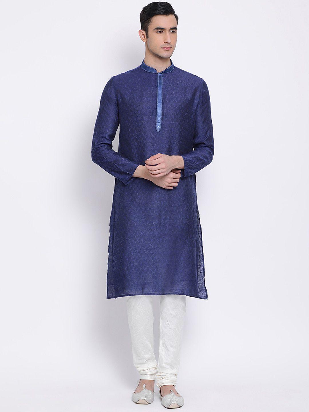 sanwara men navy blue & white woven design kurta with pyjamas
