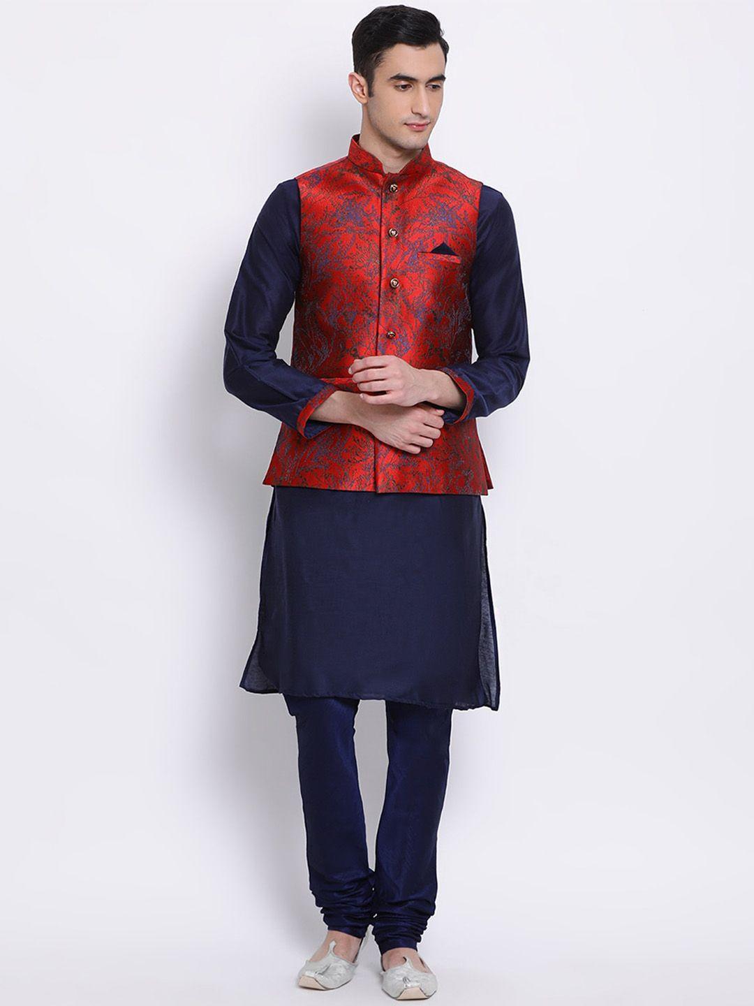 sanwara men navy blue red solid kurta bandi jacket set with pyjamas nehru jacket