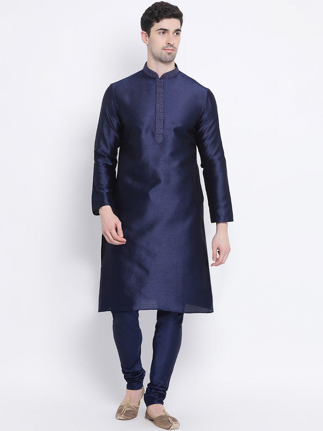 sanwara men navy blue self design pure silk kurta with churidar