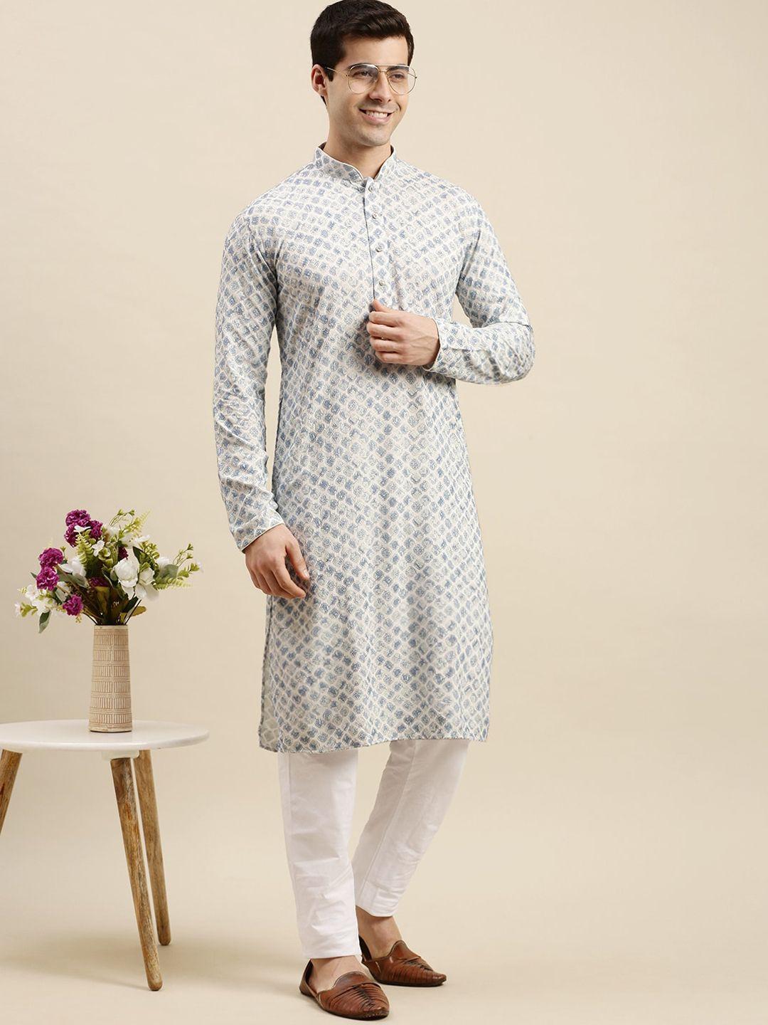 sanwara men off white chikankari pure cotton kurta with pyjamas