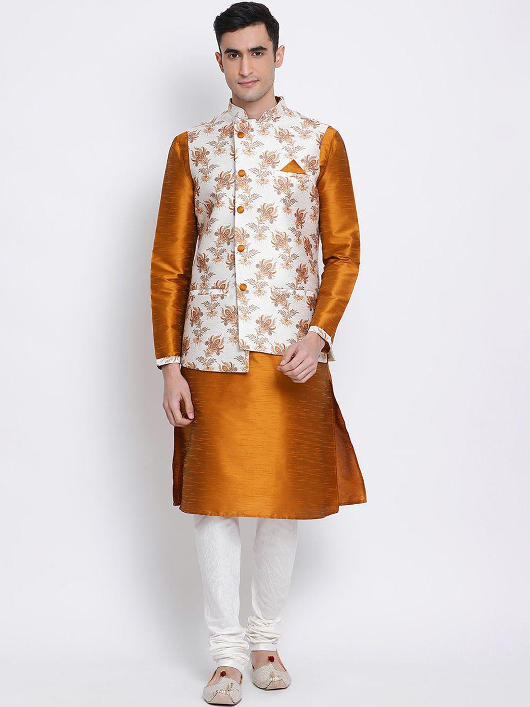 sanwara men orange & white solid art silk kurta with churidar & jacket