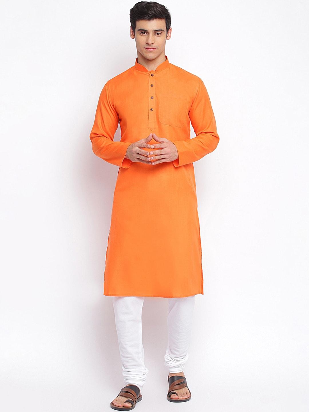 sanwara men orange & white solid cotton blend kurta with churidar