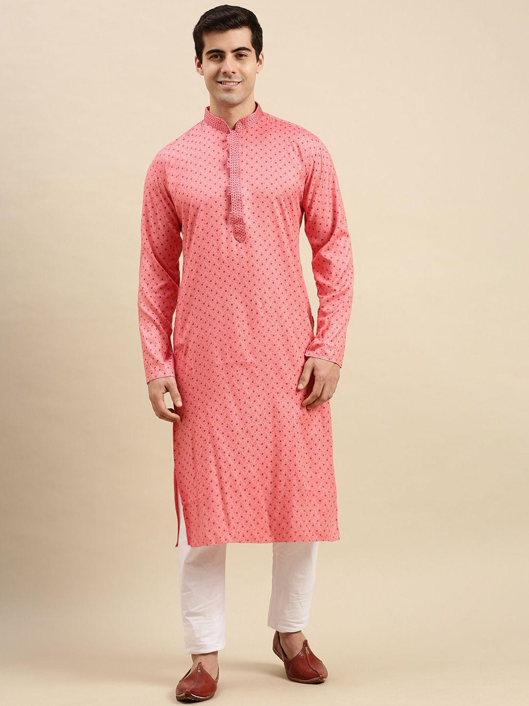 sanwara men pink floral printed thread work pure cotton kurta with pyjamas
