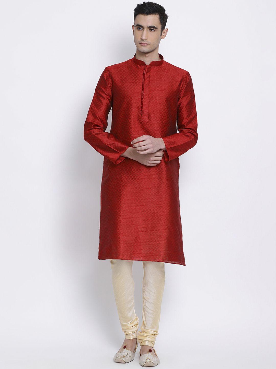 sanwara men red & beige woven design kurta with churidar