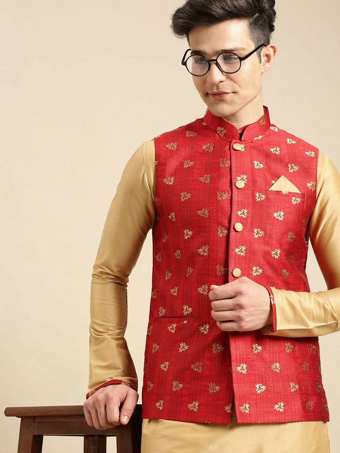 sanwara men red ethnic motifs empire kurta bandi jacket set with palazzos nehru jacket