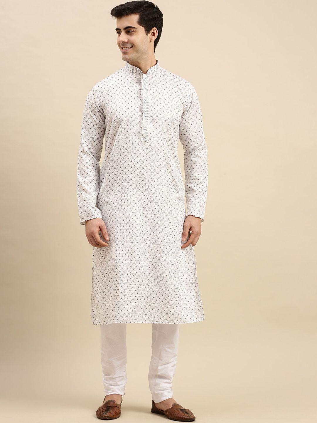 sanwara men white floral printed thread work pure cotton kurta with pyjamas